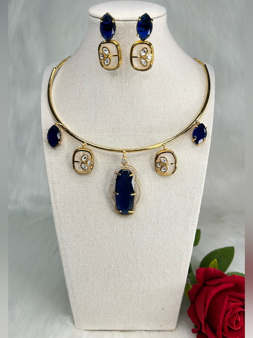 Gold-Tone Blue Crystal Hasli Necklace With Earring